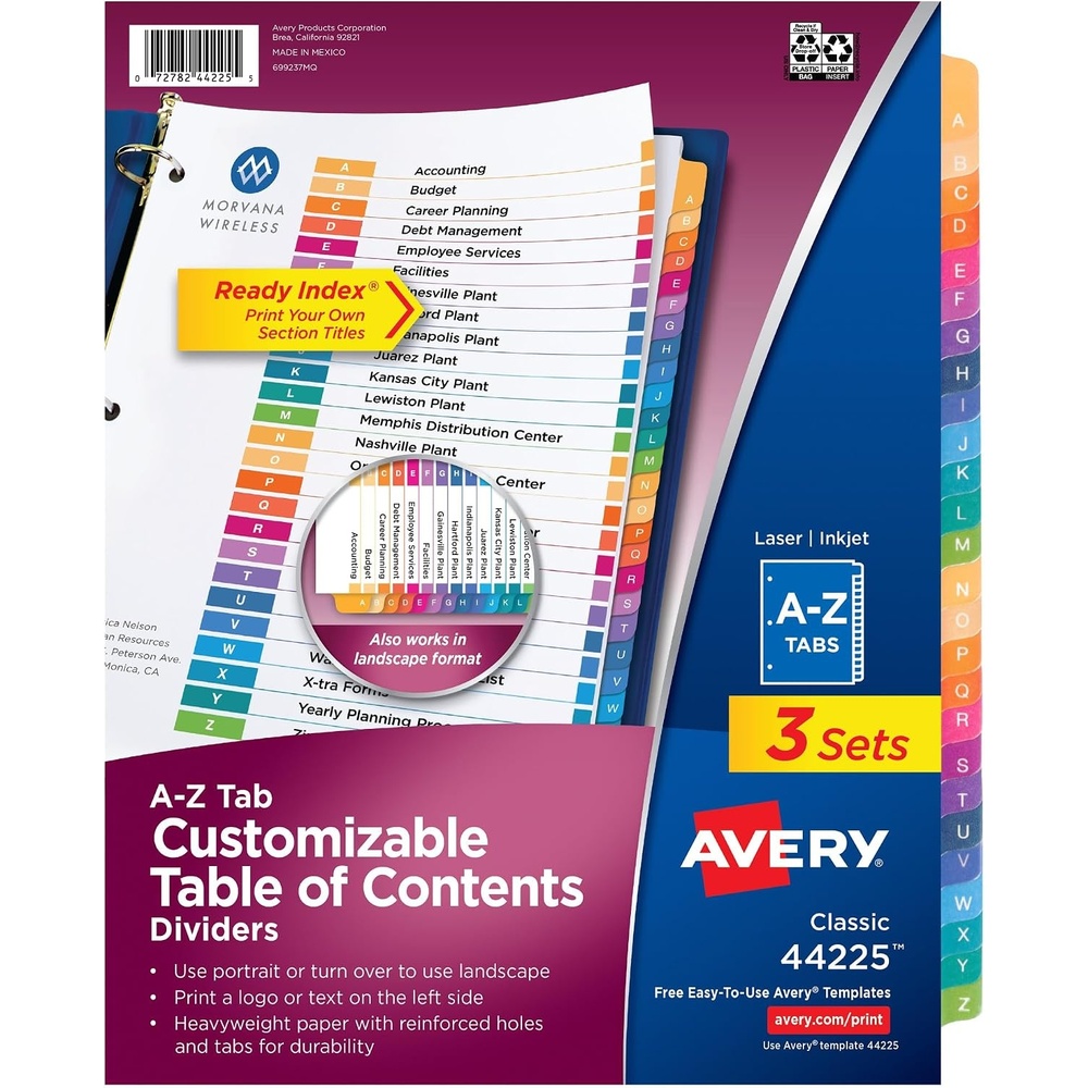 image:imageAvery AZ Dividers for 3 Ring Binders 26 Tabs per Set Customizable Table of Contents Multicolor Tabs Great for Organizing Reports Projects and More 12 Sets of 11125Classic