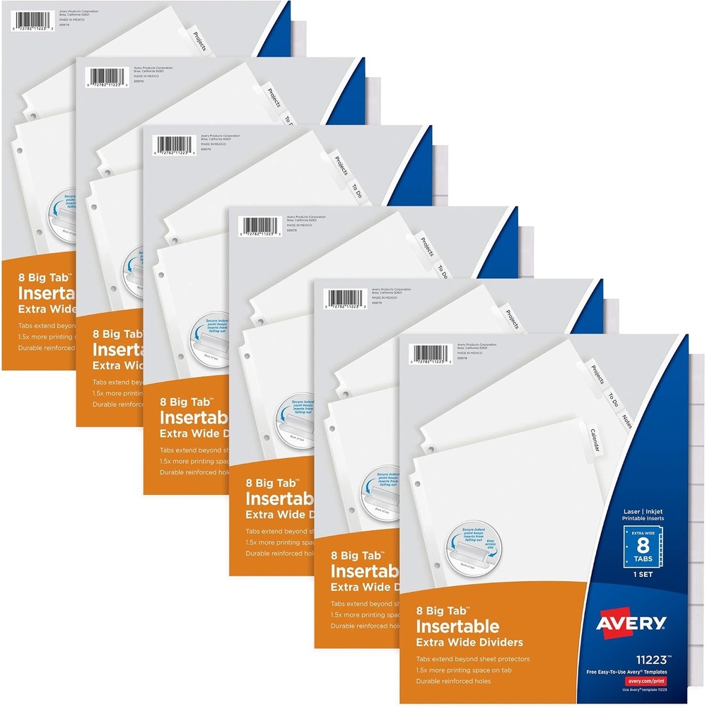 image:imageAvery Big Tab ExtraWide Insertable Clear Tab Dividers for 3 Ring Binders 8Tab Set White 6 Sets 11254White