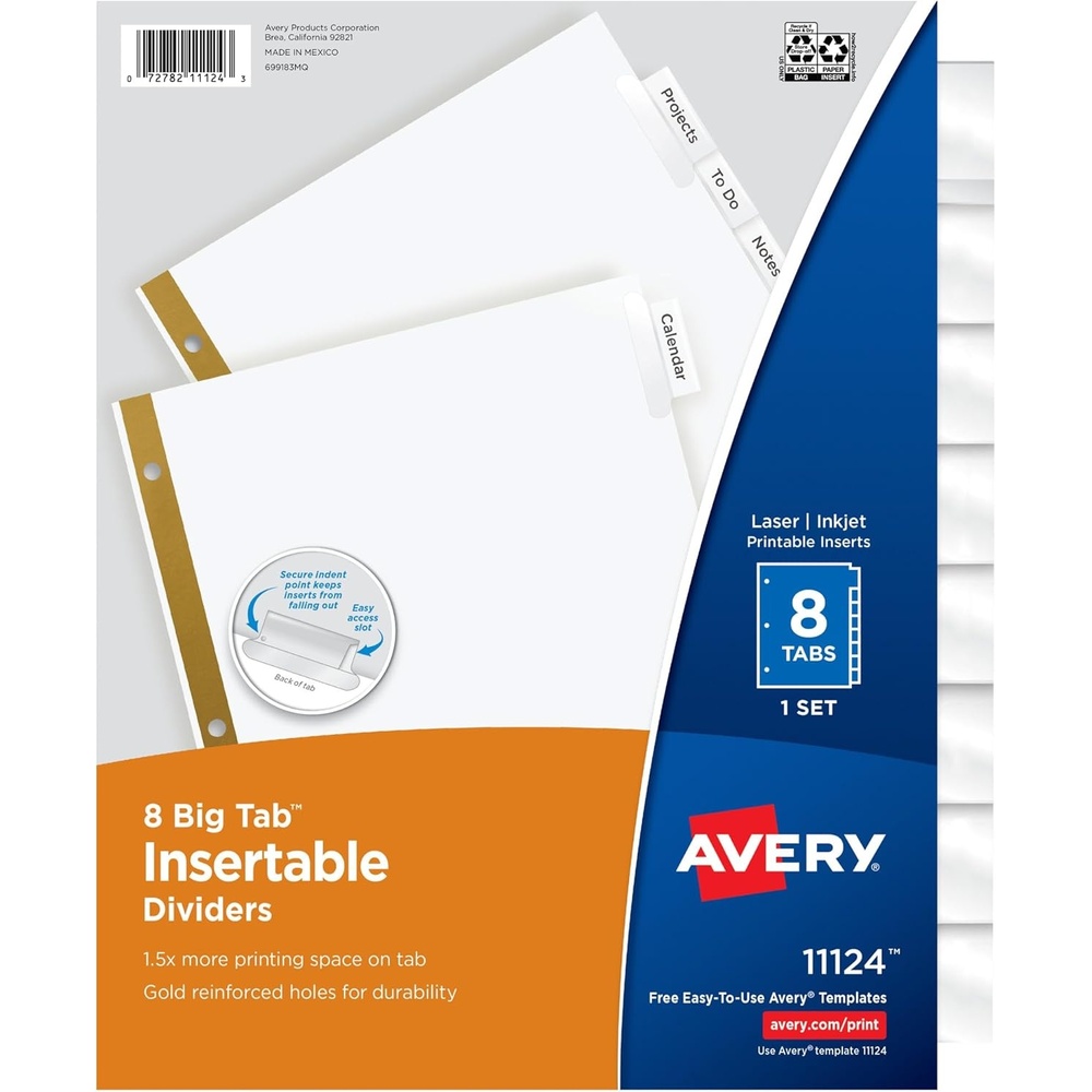 image:imageAvery Big Tab Insertable Dividers for 3 Ring Binders 8Tab Sets White Paper Clear Tabs 6 Binder Divider Sets 411241 Set