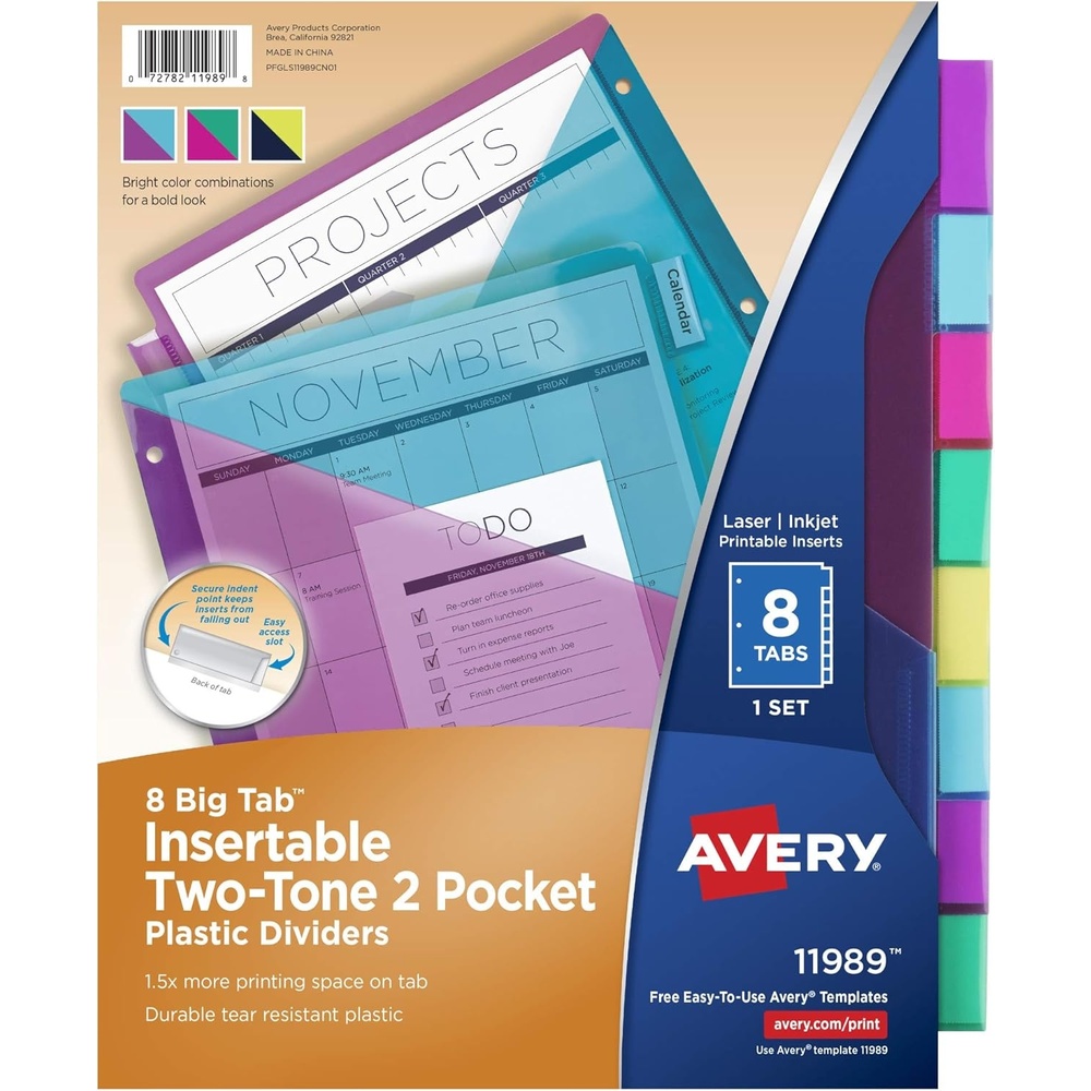 image:imageAvery Big Tab Insertable Plastic 2 Pocket Dividers for 3 Ring Binders 8 Tab Set Bright TwoTone Multicolor Works with Sheet Protectors 1 Set 11989Dividers