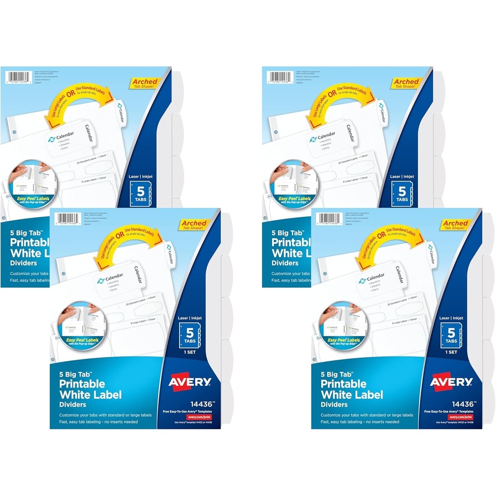 image:imageAvery Big Tab Printable White Label Dividers for 3 Ring Binders 5 Tabs per Set White Great for Office Supplies School Supplies Organizing and More 20 Sets of 14434One Size Pack of 4