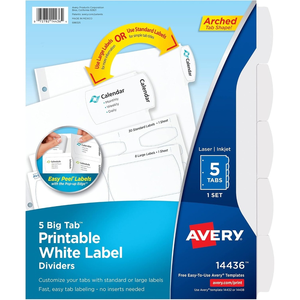 image:imageAvery Big Tab Printable White Label Dividers for 3 Ring Binders 5 Tabs per Set White Great for Office Supplies School Supplies Organizing and More 20 Sets of 14434One Size