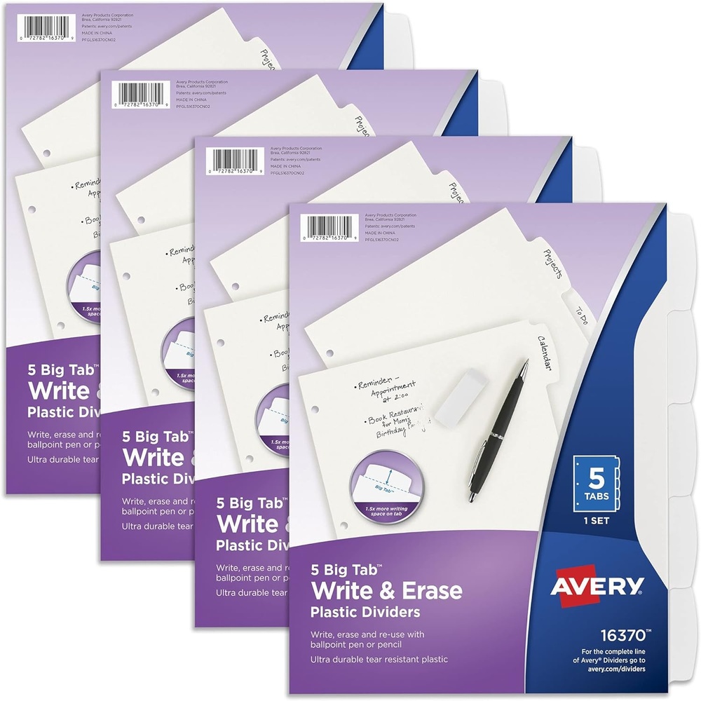image:imageAvery Big Tab Write amp Erase Durable Plastic Dividers for 3 Ring Binders 5Tab Set White 1 Set 163704 Sets
