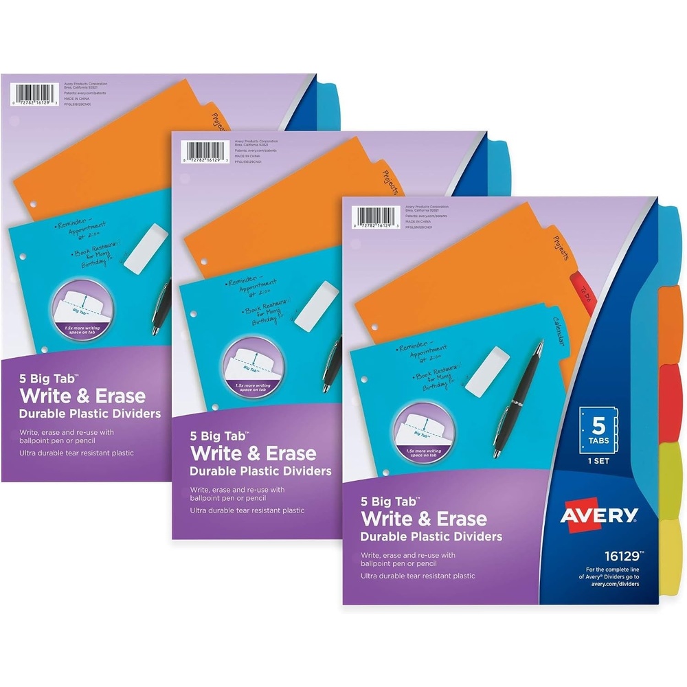 image:imageAvery Big Tab Write amp Erase Durable Plastic Dividers for 3 Ring Binders 8Tab Sets Bright Multicolor 24 Sets 192 Divider Tabs 161303 sets