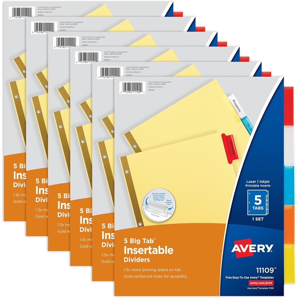 image:imageAvery Binder Dividers  5Tab Insertable Multicolor Big Tabs for Binders 6 Sets of Dividers 1110948Pack