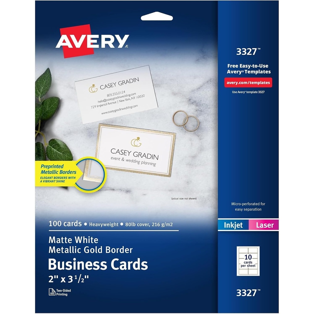 image:imageAvery Business Cards Metallic Gold Borders 2 x 35 100 Total LaserInkjet Printable Business Cards 33272 x 35 inches Pack of 5