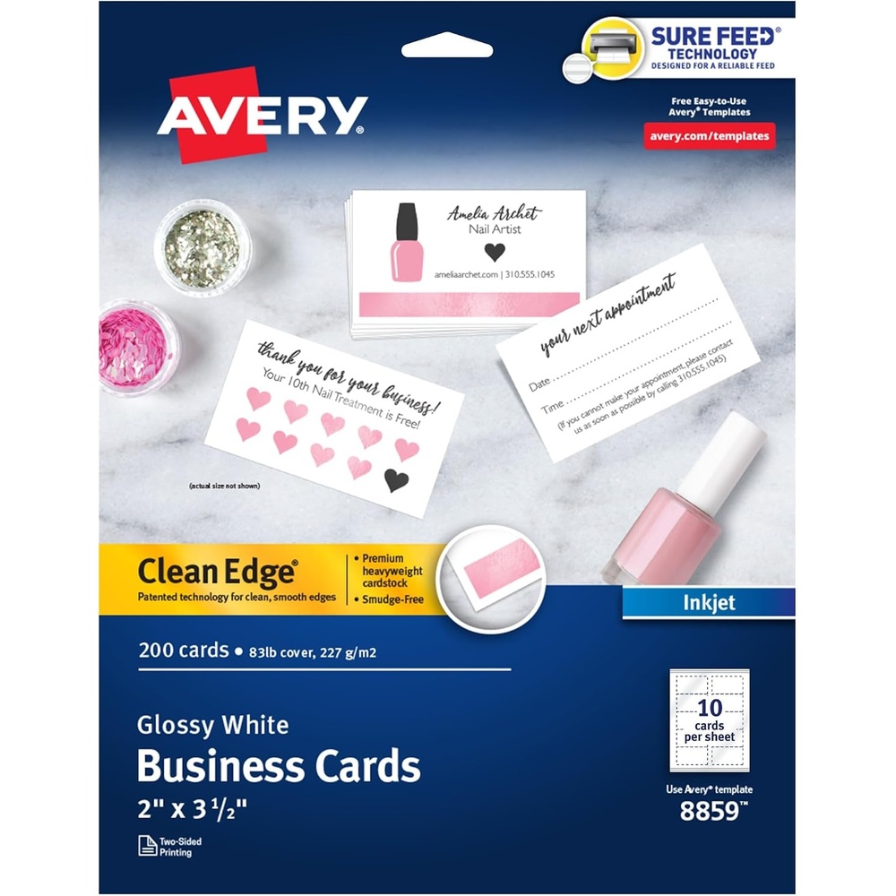 image:imageAvery Clean Edge Printable Business Cards Sure Feed Technology 2 x 35 Glossy White 200 Blank Cards for Inkjet Printers 8859200 cards