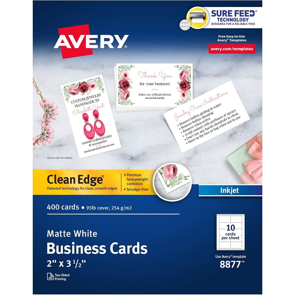 image:imageAvery Clean Edge Printable Business Cards Sure Feed Technology 2 x 35 Glossy White 200 Blank Cards for Inkjet Printers 8859400 cards