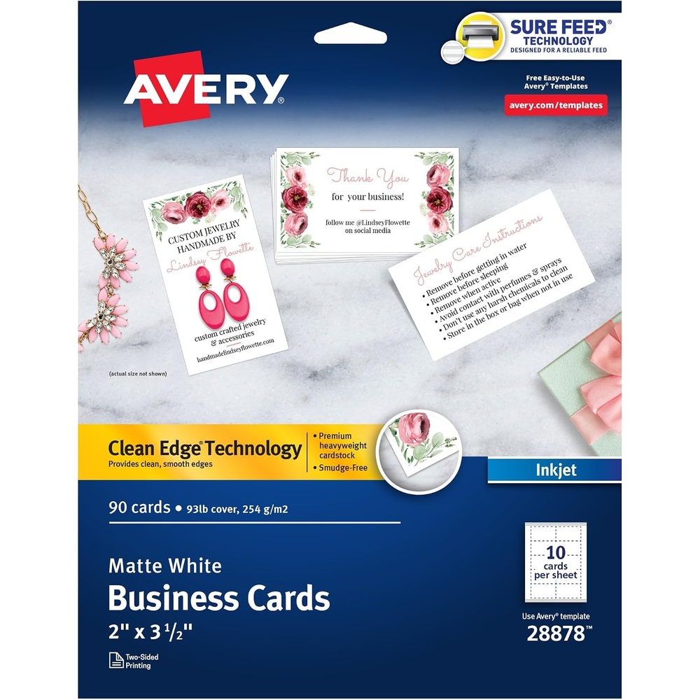 image:imageAvery Clean Edge Printable Business Cards Sure Feed Technology 2 x 35 Glossy White 200 Blank Cards for Inkjet Printers 885990 cards