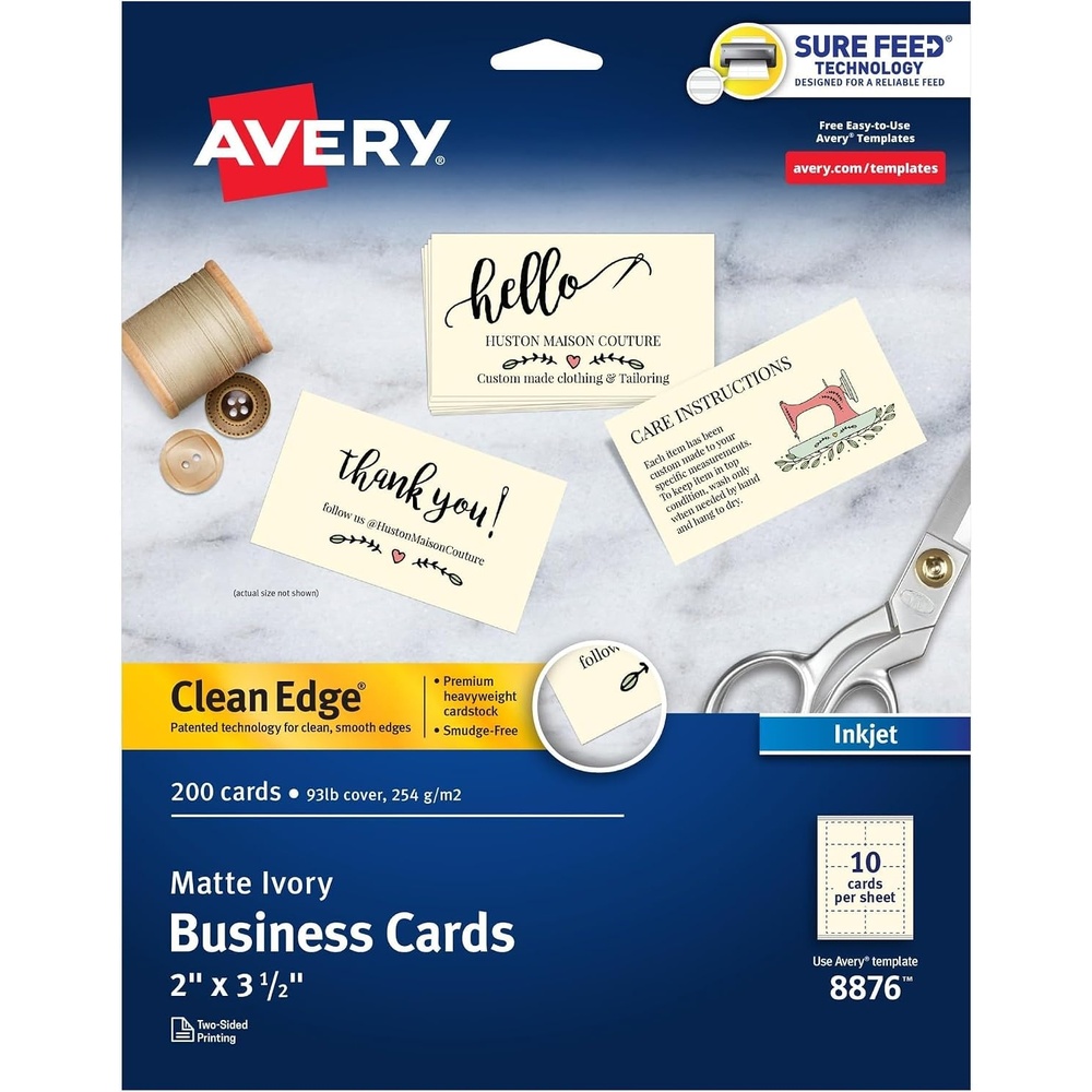 image:imageAvery Clean Edge Printable Business Cards with Sure Feed Technology 2 x 35 Ivory 200 Blank Cards for Inkjet Printers 08876One Size Pack of 5