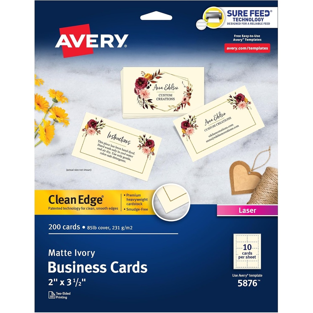 image:imageAvery Clean Edge Printable Business Cards with Sure Feed Technology 2 x 35 Ivory 200 Blank Cards for Laser Printers 5876One Size