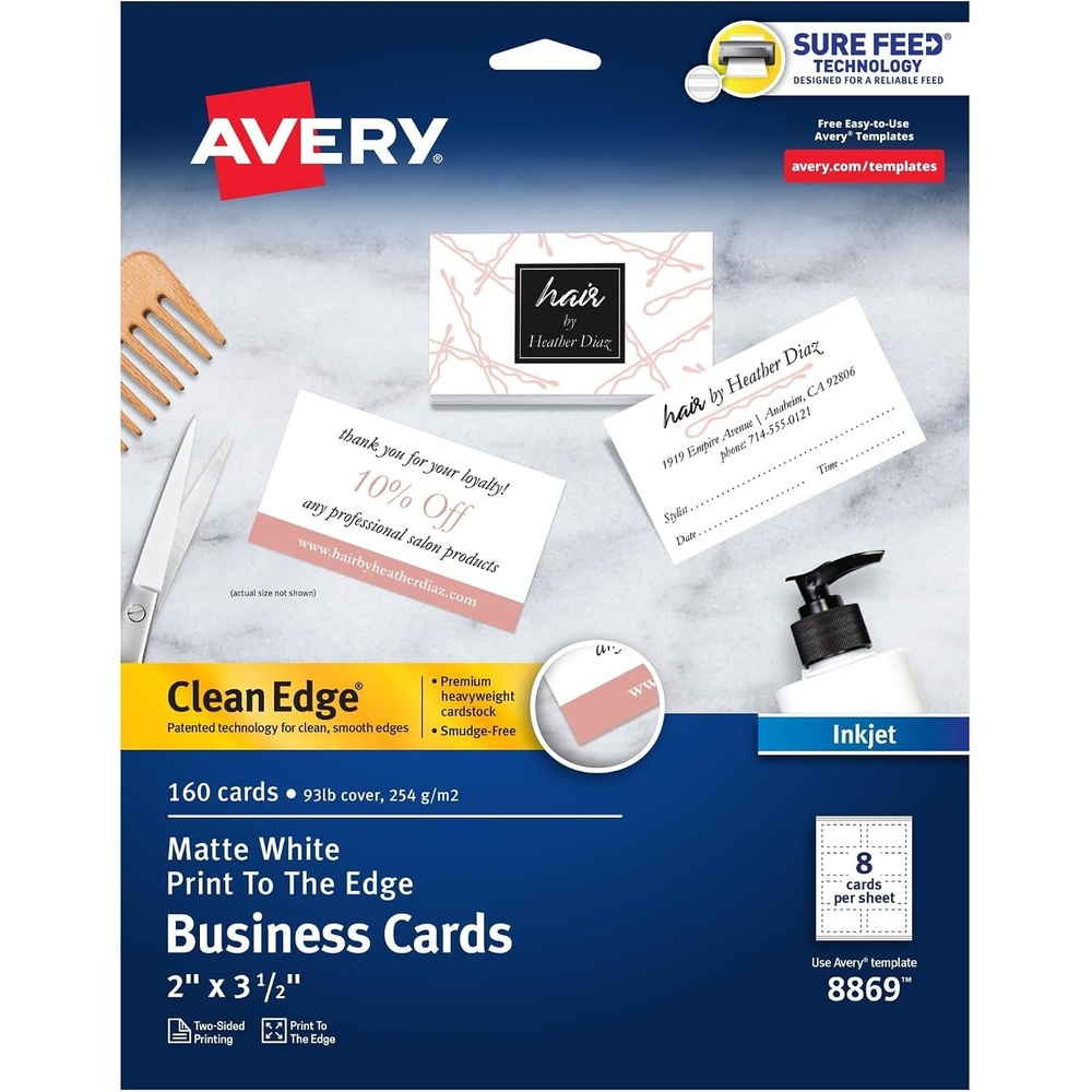 image:imageAvery Clean Edge Printable Business Cards with Sure Feed Technology 2 x 35 White 160 Blank Cards for Inkjet Printers 8869160 Cards Pack of 5