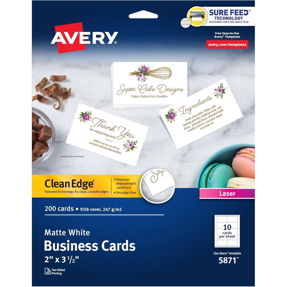 image:imageAvery Clean Edge Printable Business Cards with Sure Feed Technology 2 x 35 White 200 Blank Cards for Laser Printers 58710