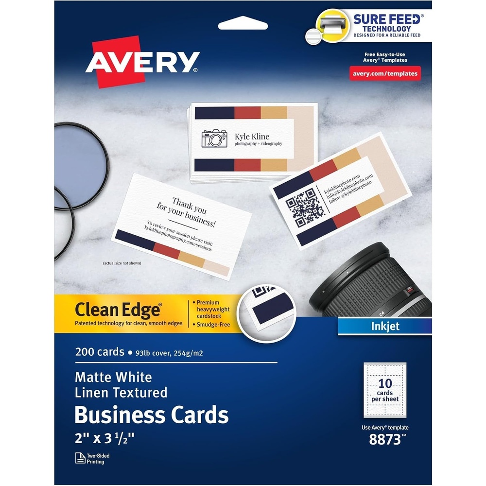 image:imageAvery Clean Edge Printable Business Cards with Sure Feed Technology 2 x 35 White Linen Textured 200 Blank Cards for Inkjet Printers 08873One Size Pack of 5