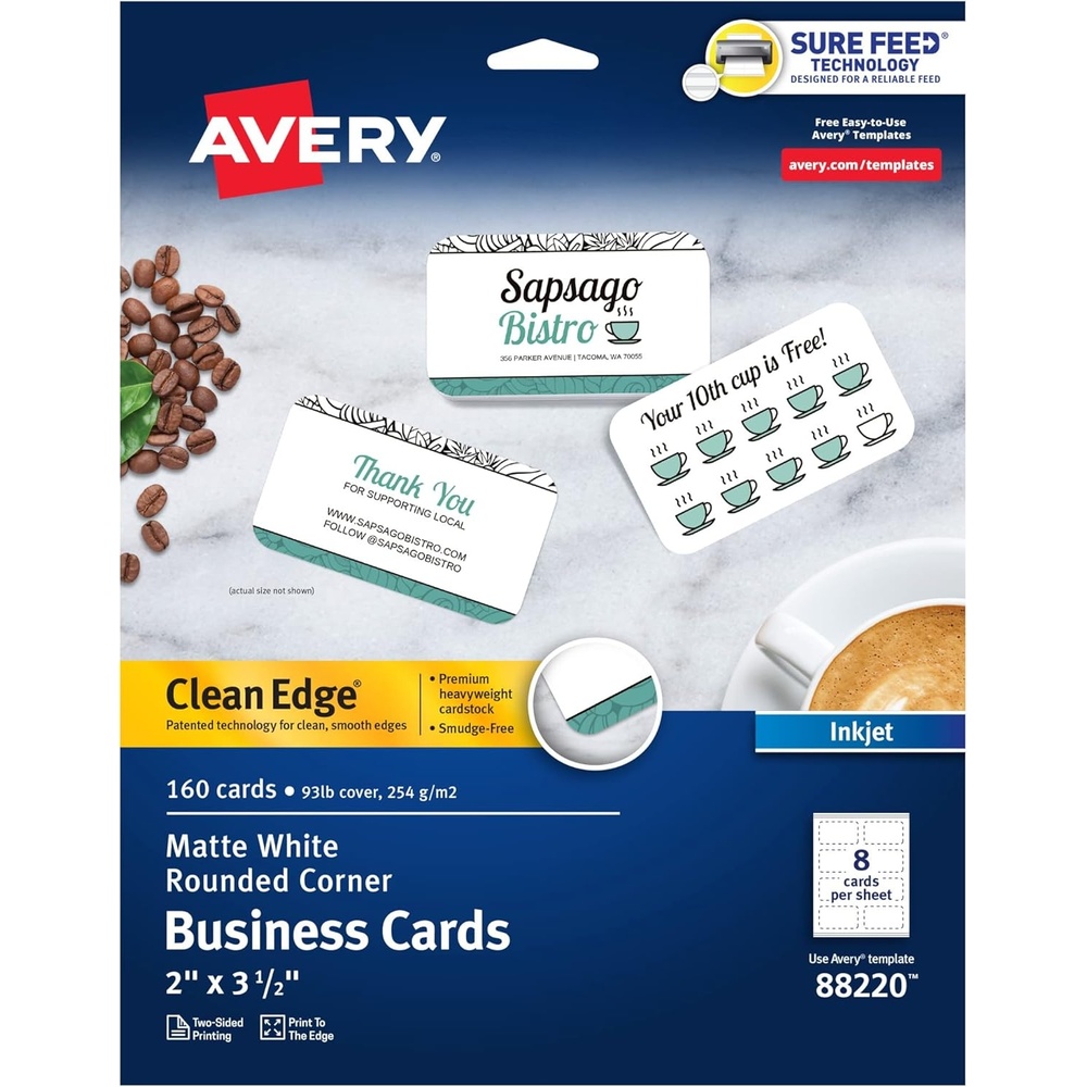 image:imageAvery Clean Edge Printable Business Cards with Sure Feed Technology Rounded Corners 2 x 35 White 160 Blank Cards for Inkjet Printers 88220One Size