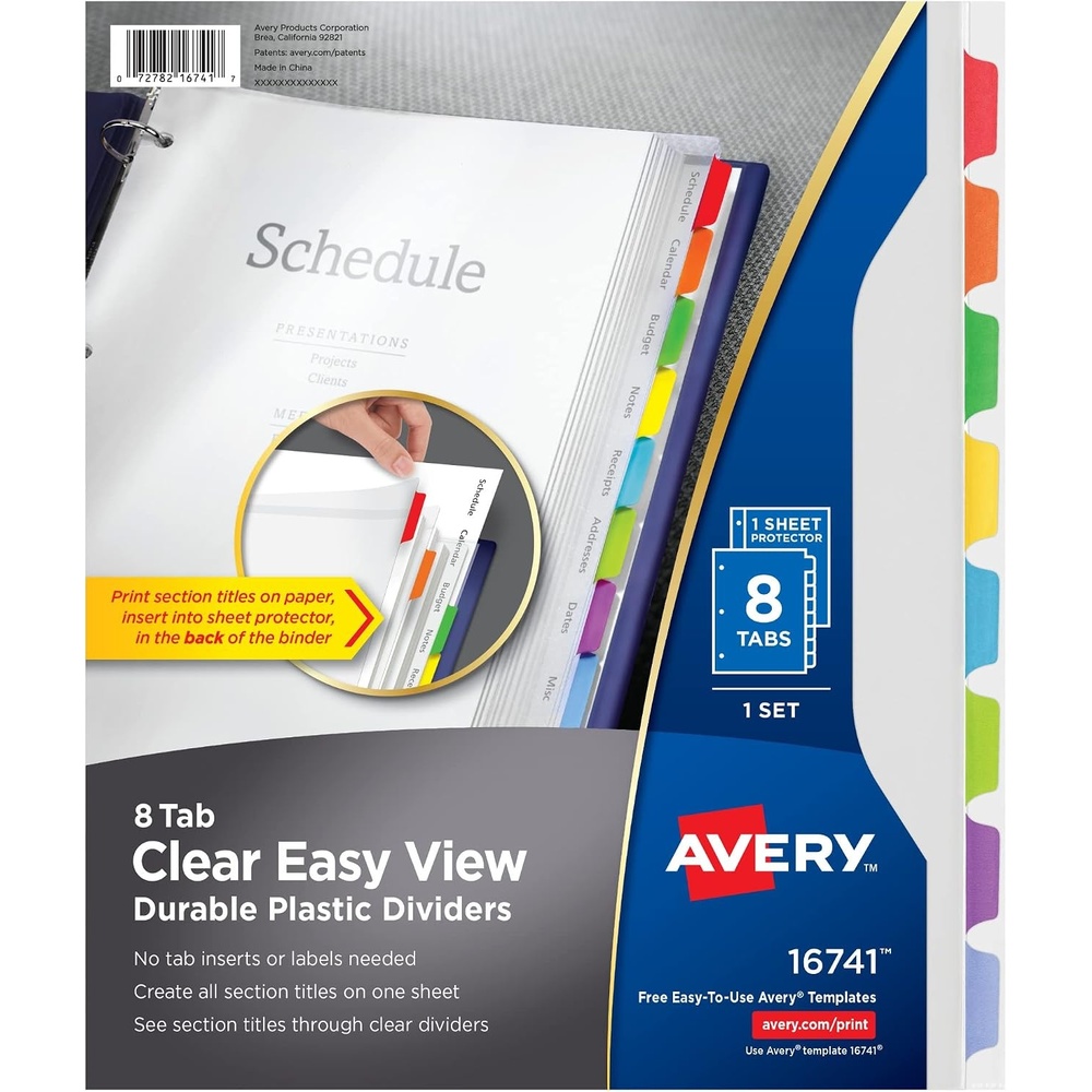 image:imageAvery Clear Easy View Durable Plastic Dividers for 3 Ring Binders 8Tab Set Bright Multicolor 1 Set 16741Dividers