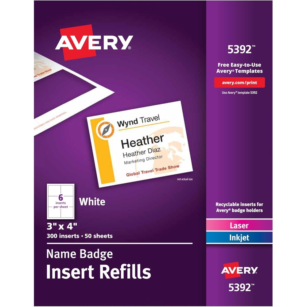 image:imageAvery Customizable Name Badge Inserts for Name Tag Holders 3 x 4 White LaserInkjet Printable 300 Total 53921500