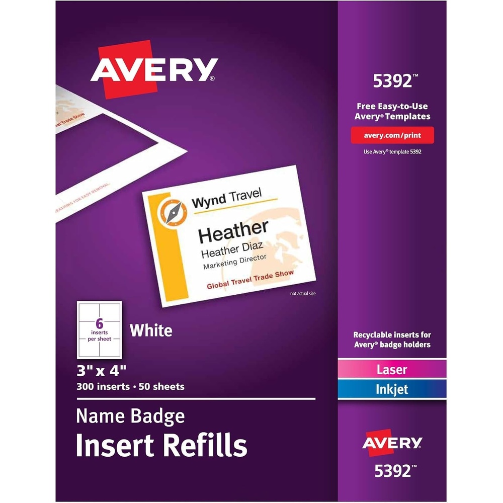 image:imageAvery Customizable Name Badge Inserts for Name Tag Holders 3 x 4 White LaserInkjet Printable 300 Total 5392300 Pack of 5