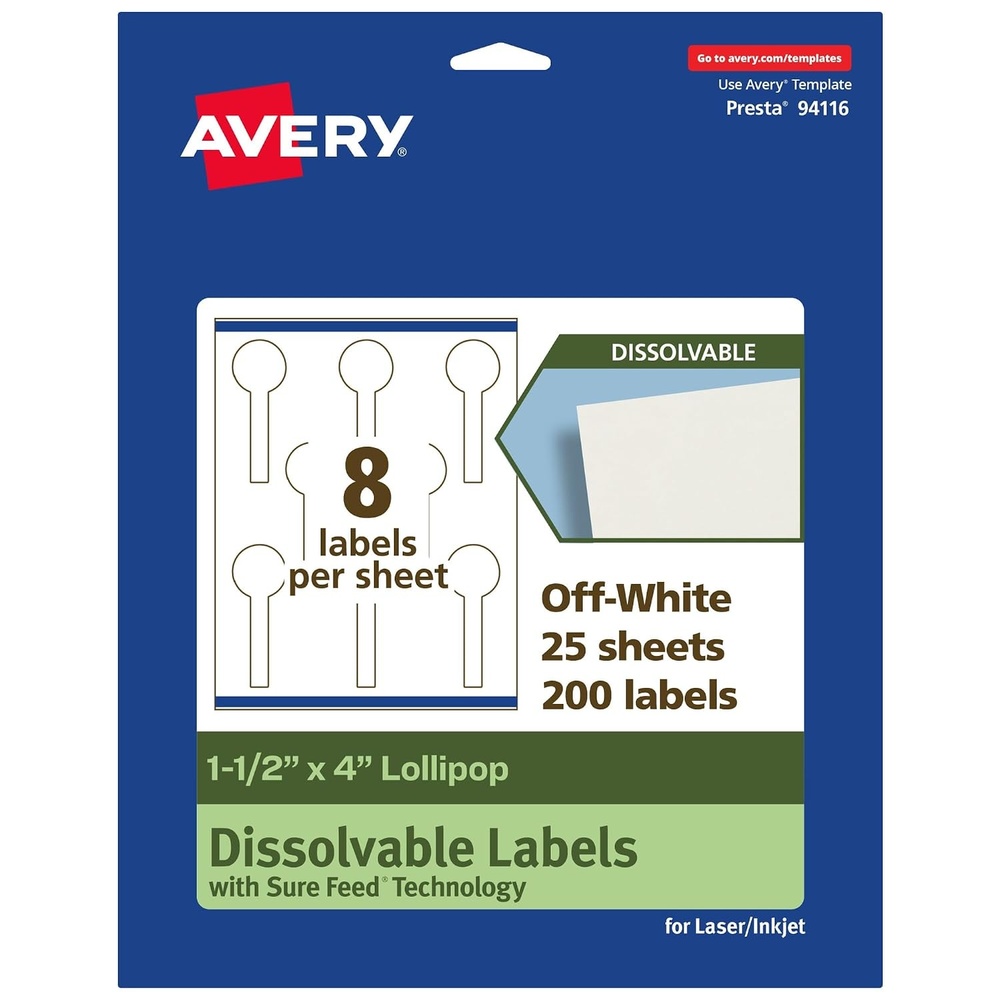 image:imageAvery Dissolvable Lollipop Labels Sure Feed Technology 15 x 4 Matte White PrinttoTheEdge LaserInkjet Printable 40 Labels Total200 labels