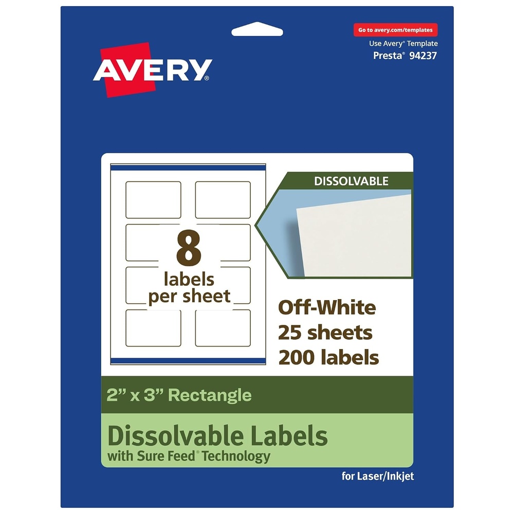 image:imageAvery Dissolvable Rectangle Labels Sure Feed Technology 2 x 3 Matte White PrinttoTheEdge LaserInkjet Printable 200 Labels Total200 labels