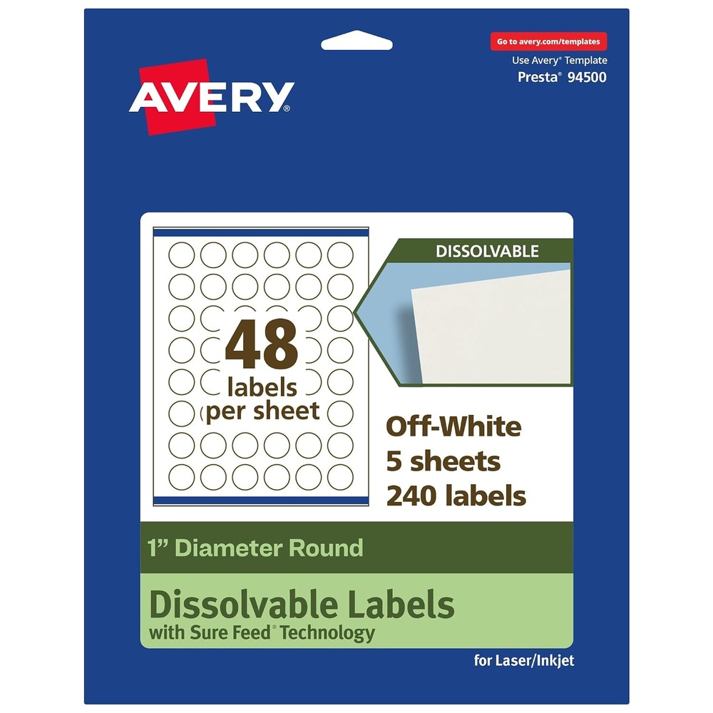 image:imageAvery Dissolvable Round Labels Sure Feed Technology 1 Diameter Matte White PrinttoTheEdge LaserInkjet Printable 1200 Labels Total240 labels