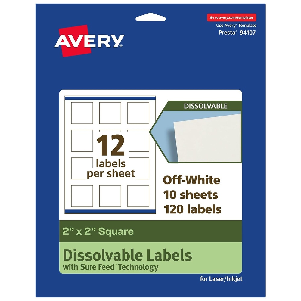 image:imageAvery Dissolvable Square Labels Sure Feed Technology 2 x 2 Matte White PrinttoTheEdge LaserInkjet Printable 120 Labels Total120 labels