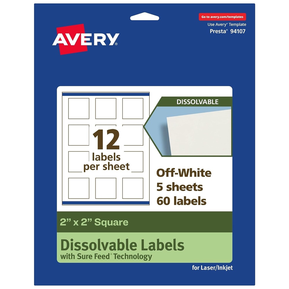 image:imageAvery Dissolvable Square Labels Sure Feed Technology 2 x 2 Matte White PrinttoTheEdge LaserInkjet Printable 120 Labels Total60 labels