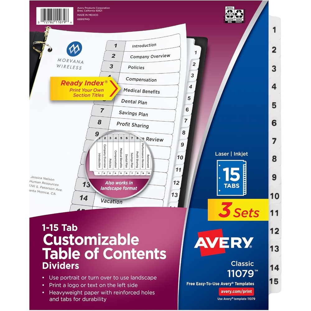 image:imageAvery Dividers for 3 Ring Binders 15 Tabs per Set Customizable Table of Contents Classic White Tabs Great for Organizing Reports Projects and More 3 Sets of 11079