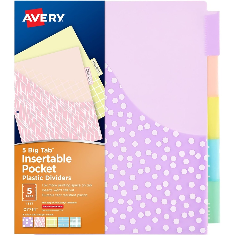 image:imageAvery Dividers for 3 Ring Binders 5 Tab Plastic Binder Dividers Pockets Insertable Big Tabs Pastel Classic Designs Extend Beyond Sheet Protectors 3 Sets 112555 tab