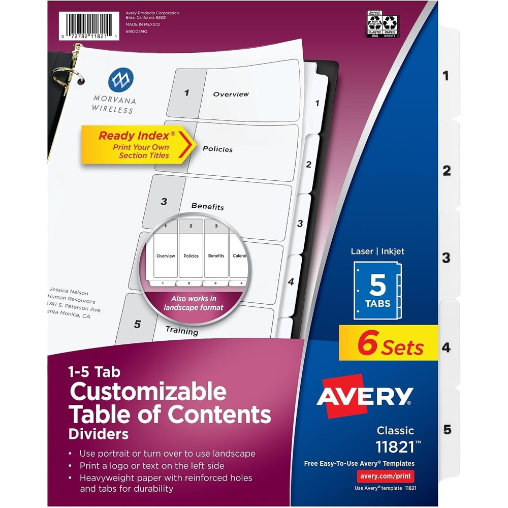 image:imageAvery Dividers for 3 Ring Binders 5 Tabs per Set Customizable Table of Contents Classic White Tabs Great for Organizing Reports Projects and More 6 Sets of 118215 Tab Pack of 12