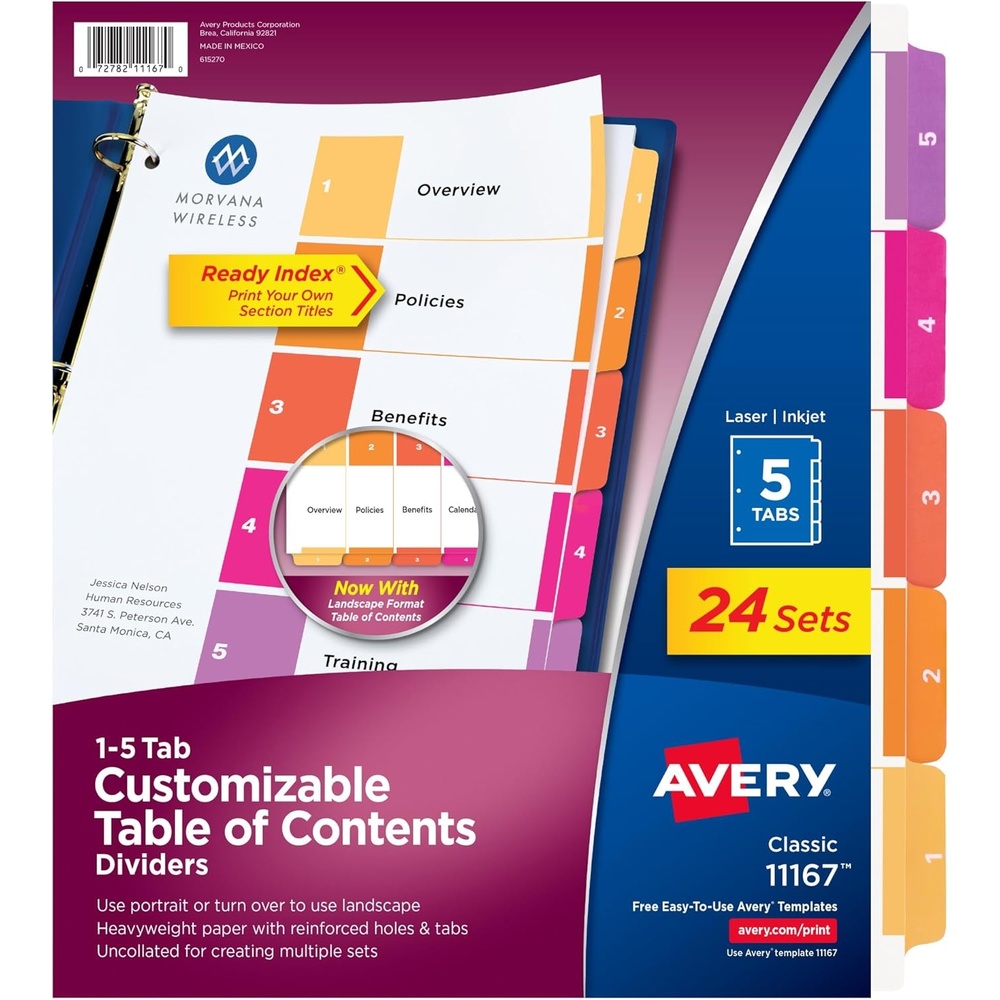 image:imageAvery Dividers for 3 Ring Binders 5 Tabs per Set Customizable Table of Contents Multicolor Tabs Great for Organizing HighVolume Reports Projects and More 24 Sets of 111675 tabs