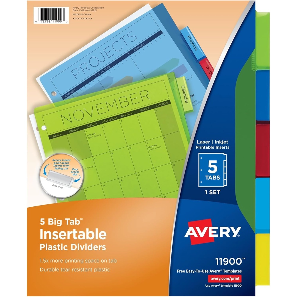 image:imageAvery Dividers for 3 Ring Binders 5Tab Plastic Binder Dividers Insertable Big Tabs Multicolor 1 Set 11900