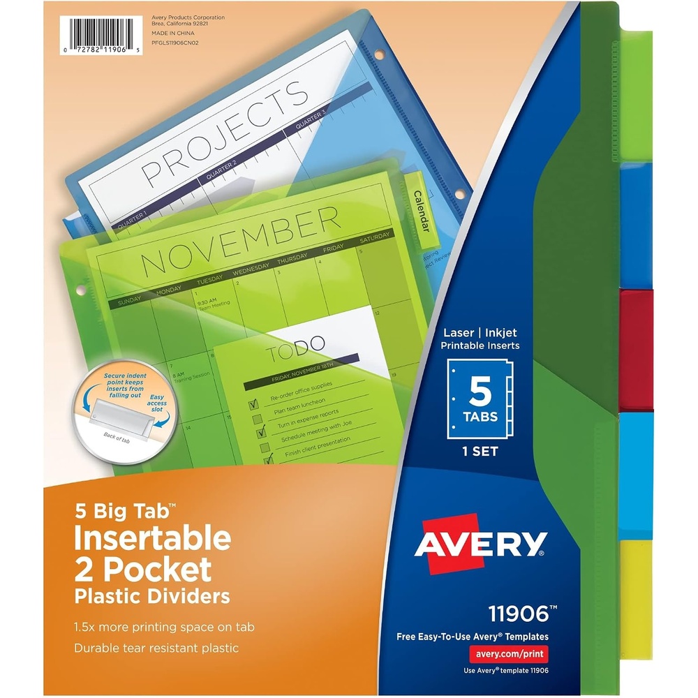 image:imageAvery Dividers for 3 Ring Binders 5Tab TwoPocket Plastic Binder Dividers Multicolor 24 Sets of 11906