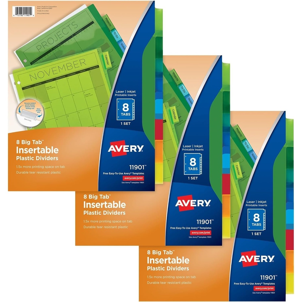 image:imageAvery Dividers for 3 Ring Binders 8Tab Plastic Binder Dividers Insertable Big Tabs Multicolor 3 Sets of 119018 Tab Pack of 8