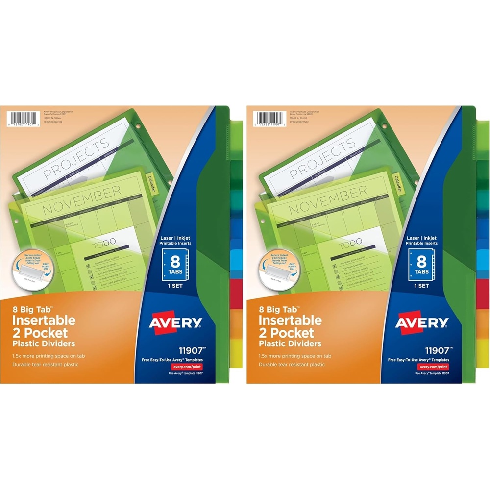 image:imageAvery Dividers for 3 Ring Binders 8Tab Sets TwoPocket Plastic Binder Dividers with Tabs Multicolor 1 Set 119078 Tab Pack of 2