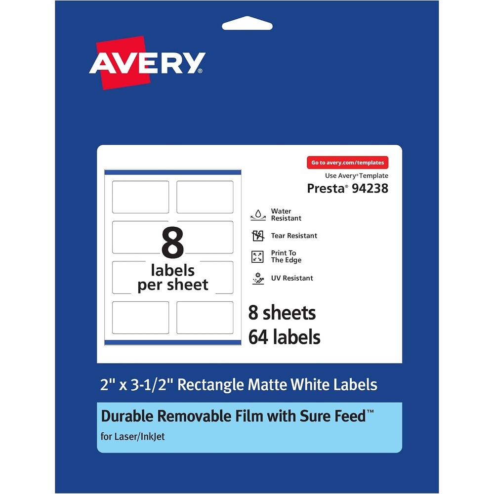 image:imageAvery Durable Removable Rectangle Labels Sure Feed Technology 2 x 35 Matte White Film WaterResistant PrinttoTheEdge LaserPigmentBased Inkjet Printable 200 Total64 labels