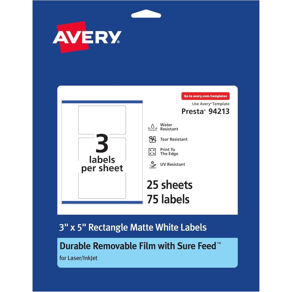 image:imageAvery Durable Removable Rectangle Labels Sure Feed Technology 3 x 5 Matte White Film WaterResistant PrinttoTheEdge LaserPigmentBased Inkjet Printable 75 Total75 labels