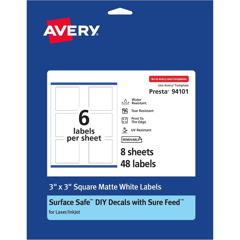 image:imageAvery Durable Removable Square Labels Sure Feed Technology 3 x 3 Matte White Film WaterResistant PrintToTheEdge LaserPigmentBased Inkjet Printable 18 Total48 labels
