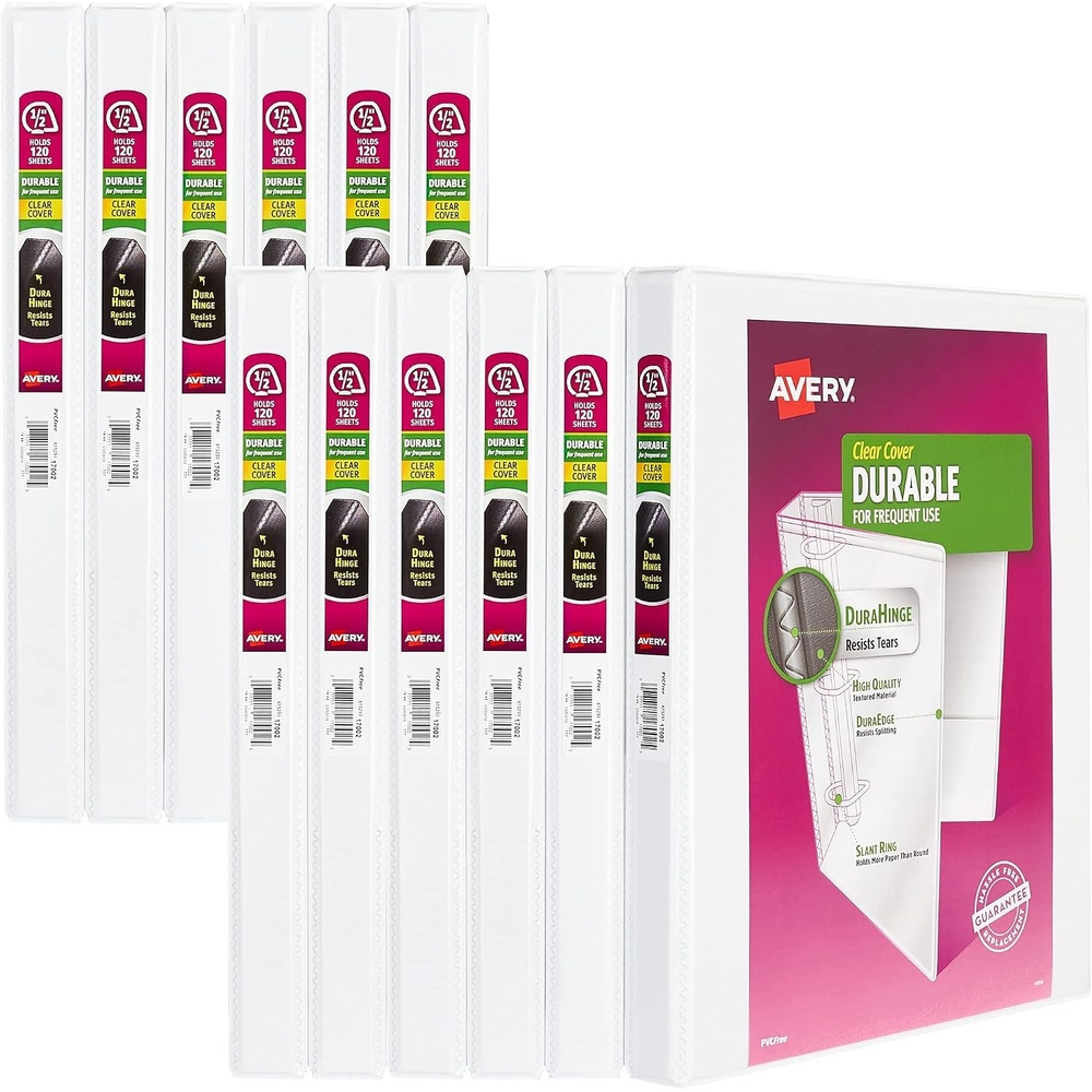 image:imageAvery Durable View 3 Ring Binders 05 Slant Rings 135Sheet Capacity 07 Inch Wide Spine Great for Home School Supplies Office or Organization Needs White Binders 12Pack of 1700205