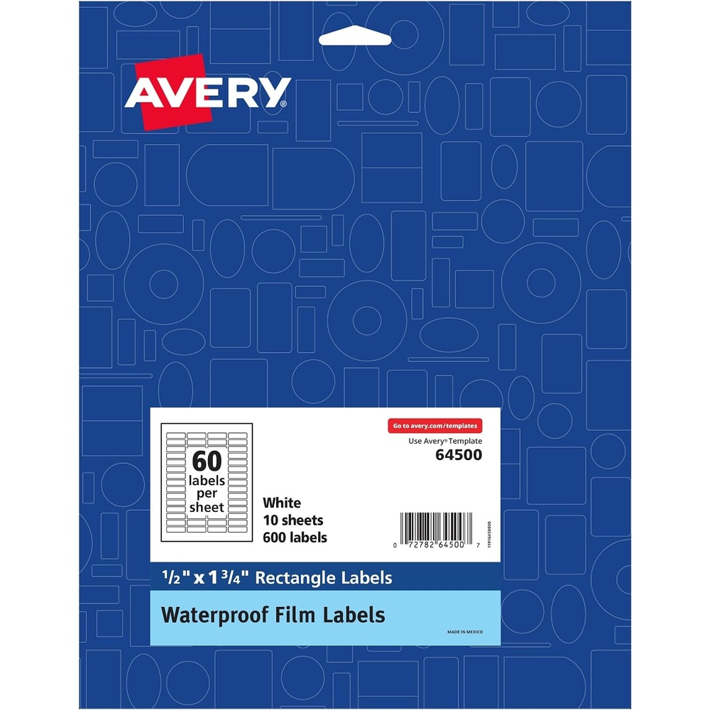 image:imageAvery Durable Waterproof OilResistant Film Labels with Sure Feed Technology 05 x 175 LaserPigmentInkjet 600 Labels 64500