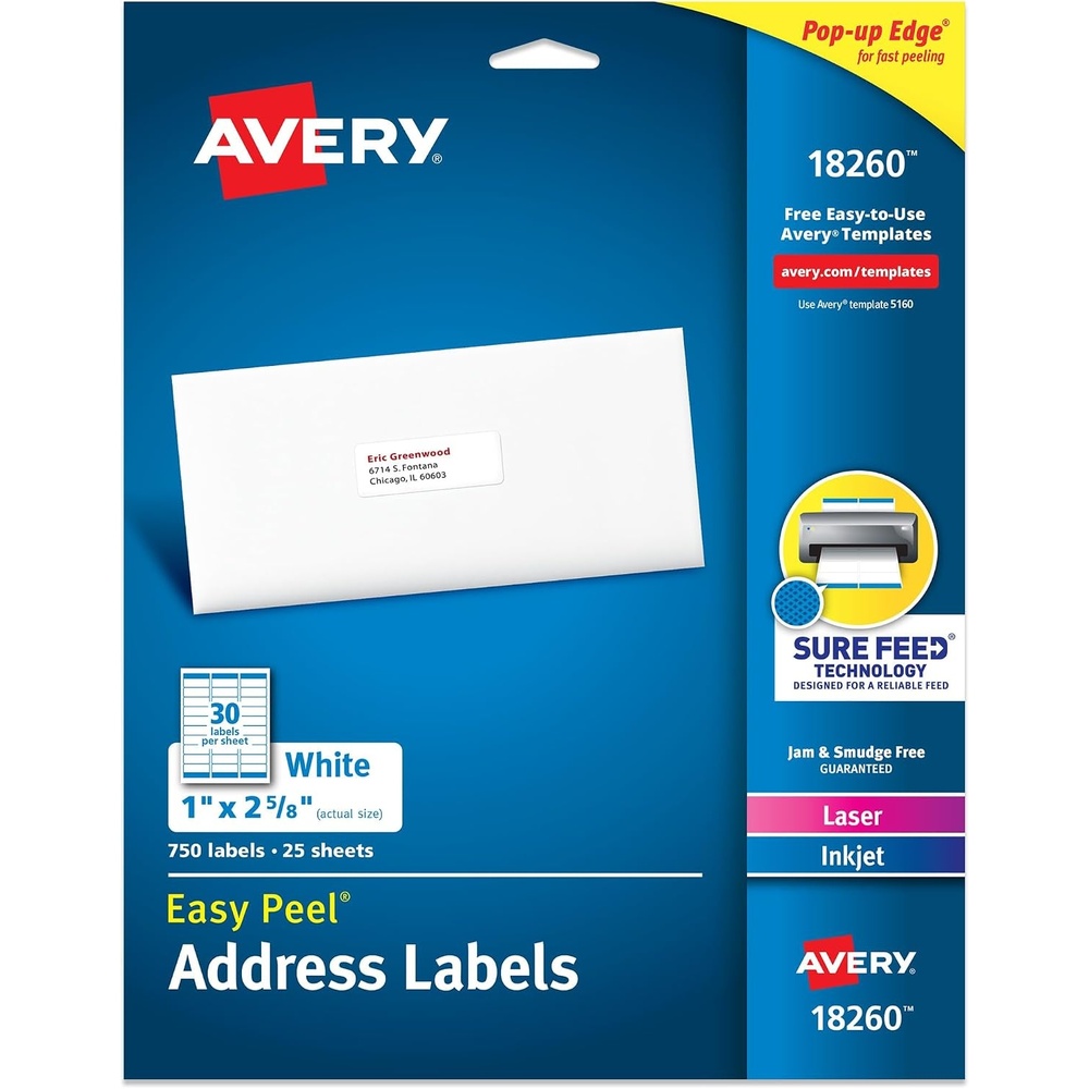 image:imageAvery Easy Peel Printable Address Labels Sure Feed Technology 1 x 258 Customizable Stickers White 300 Blank Mailing Labels Great for Mailing Shipping and More 18160750 labels