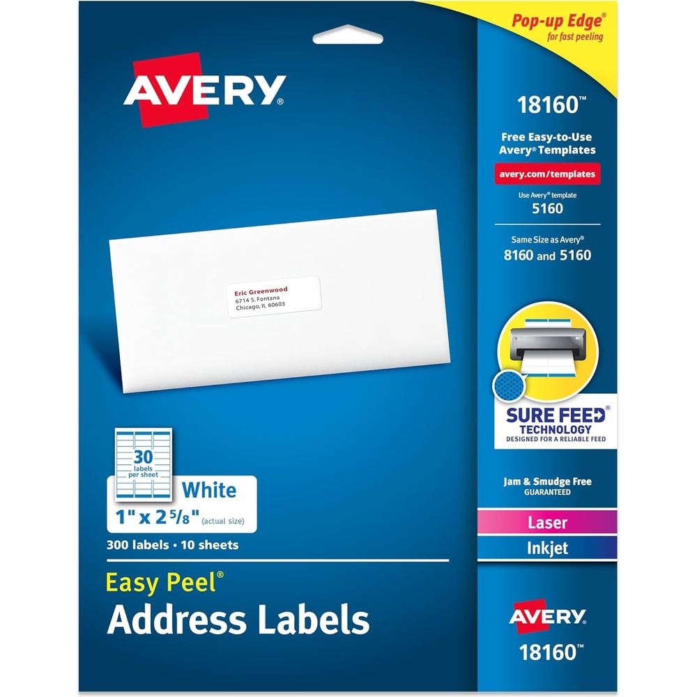 image:imageAvery Easy Peel Printable Address Labels Sure Feed Technology 1 x 258 Customizable Stickers White 300 Blank Mailing Labels Great for Mailing Shipping and More 18160300 labels