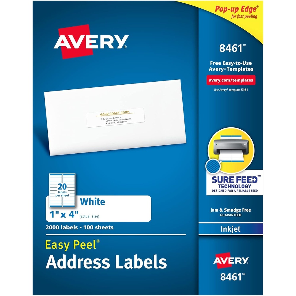 image:imageAvery Easy Peel Printable Address Labels Sure Feed Technology 1 x 4 White 2000 Blank Mailing Labels 084611 in x 4 in