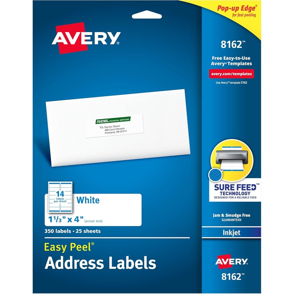 image:imageAvery Easy Peel Printable Address Labels Sure Feed Technology 1 x 4 White 350 Blank Mailing Labels 081625