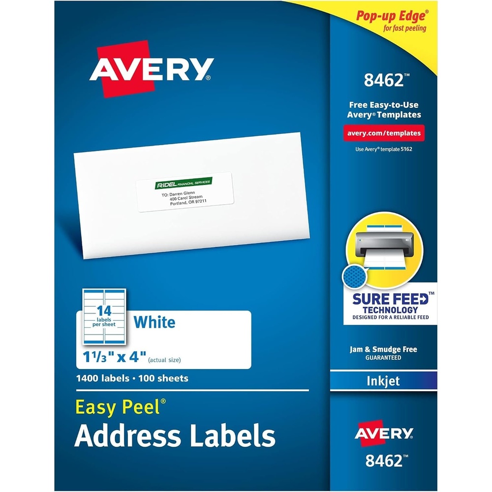 image:imageAvery Easy Peel Printable Address Labels Sure Feed Technology 113 x 4 White 1400 Blank Mailing Labels 08462One Size Pack of 5
