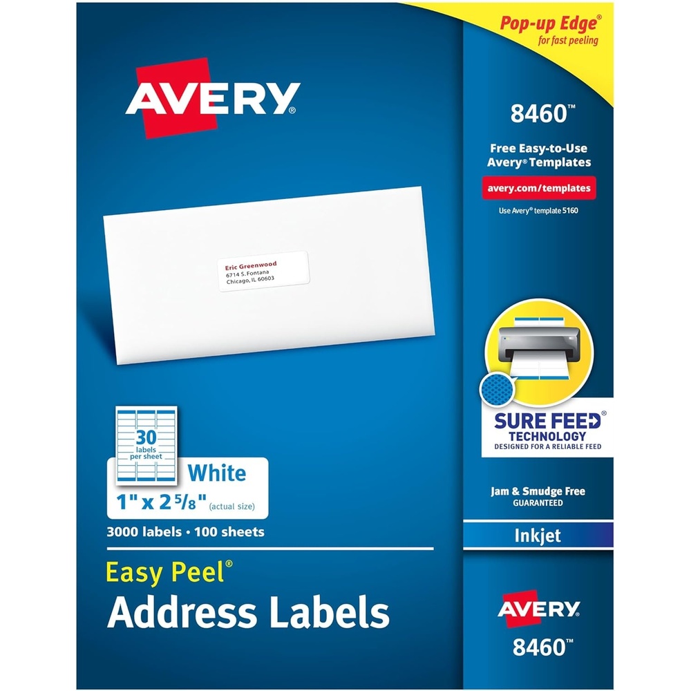image:imageAvery Easy Peel Printable Address Labels with Sure Feed 1 x 258 Customizable Stickers White 3000 Blank Mailing Labels Great for Mailing Shipping and More 8460