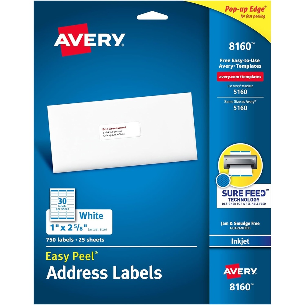 image:imageAvery Easy Peel Printable Address Labels with Sure Feed 1 x 258 Customizable Stickers White 750 Blank Mailing Labels Great for Mailing Shipping and More 8160