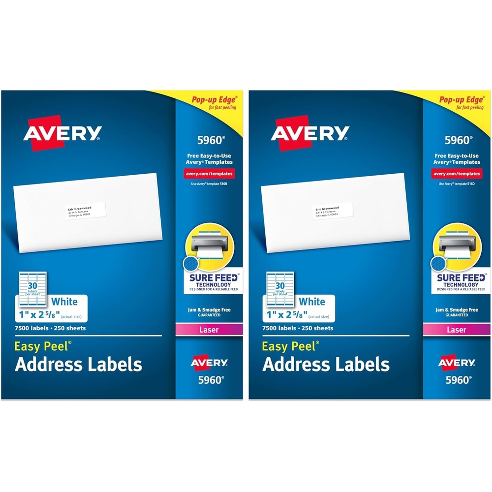 image:imageAvery Easy Peel Printable Address Labels with Sure Feed 1 x 258 Customizable Stickers White 7500 Blank Mailing Labels Great for Mailing Shipping and More 59601 x 2 58 Pack of 2