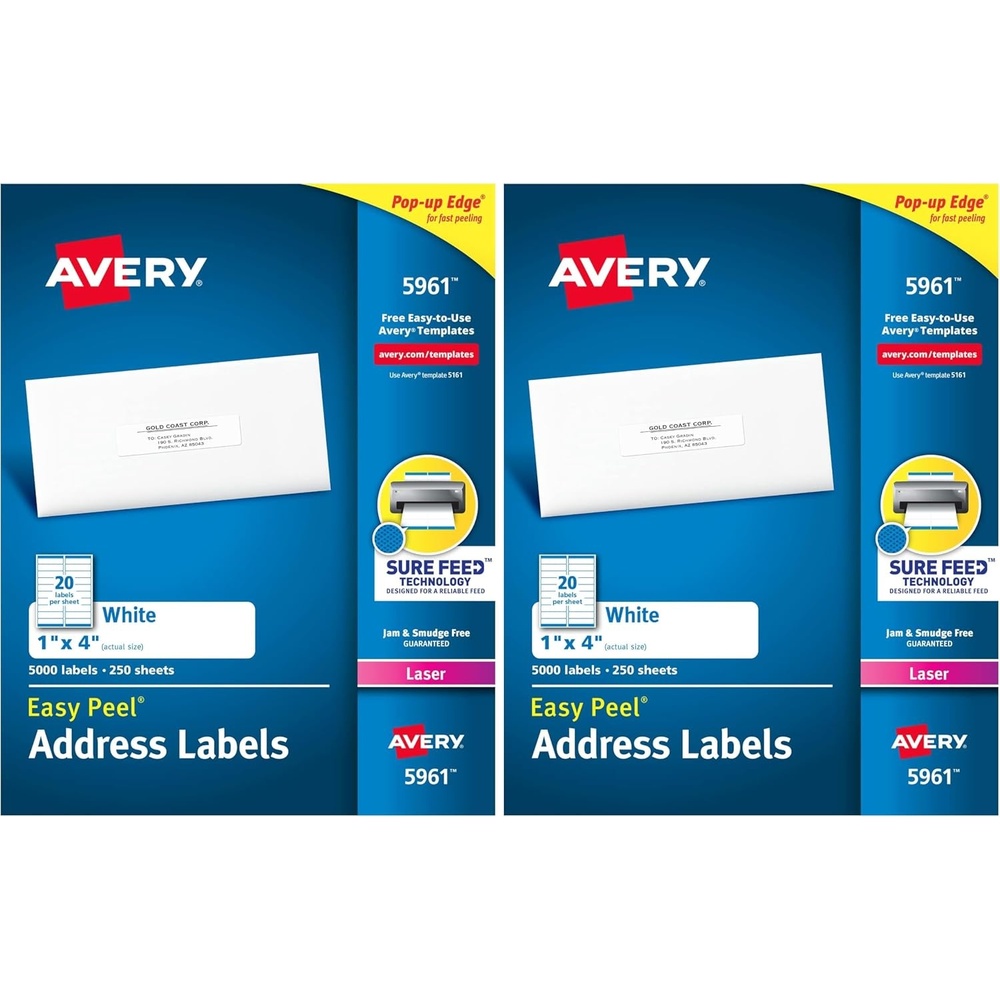 image:imageAvery Easy Peel Printable Address Labels with Sure Feed 1 x 4 White 5000 Blank Mailing Labels 059611 inch x 4 inch Pack of 2