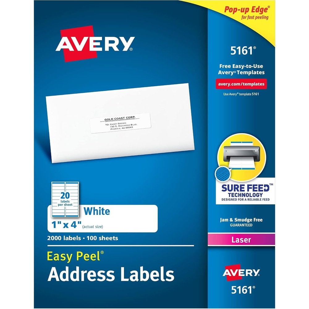 image:imageAvery Easy Peel Printable Address Labels with Sure Feed 1 x 4 White 5000 Blank Mailing Labels 059611 inch x 4 inch Pack of 5